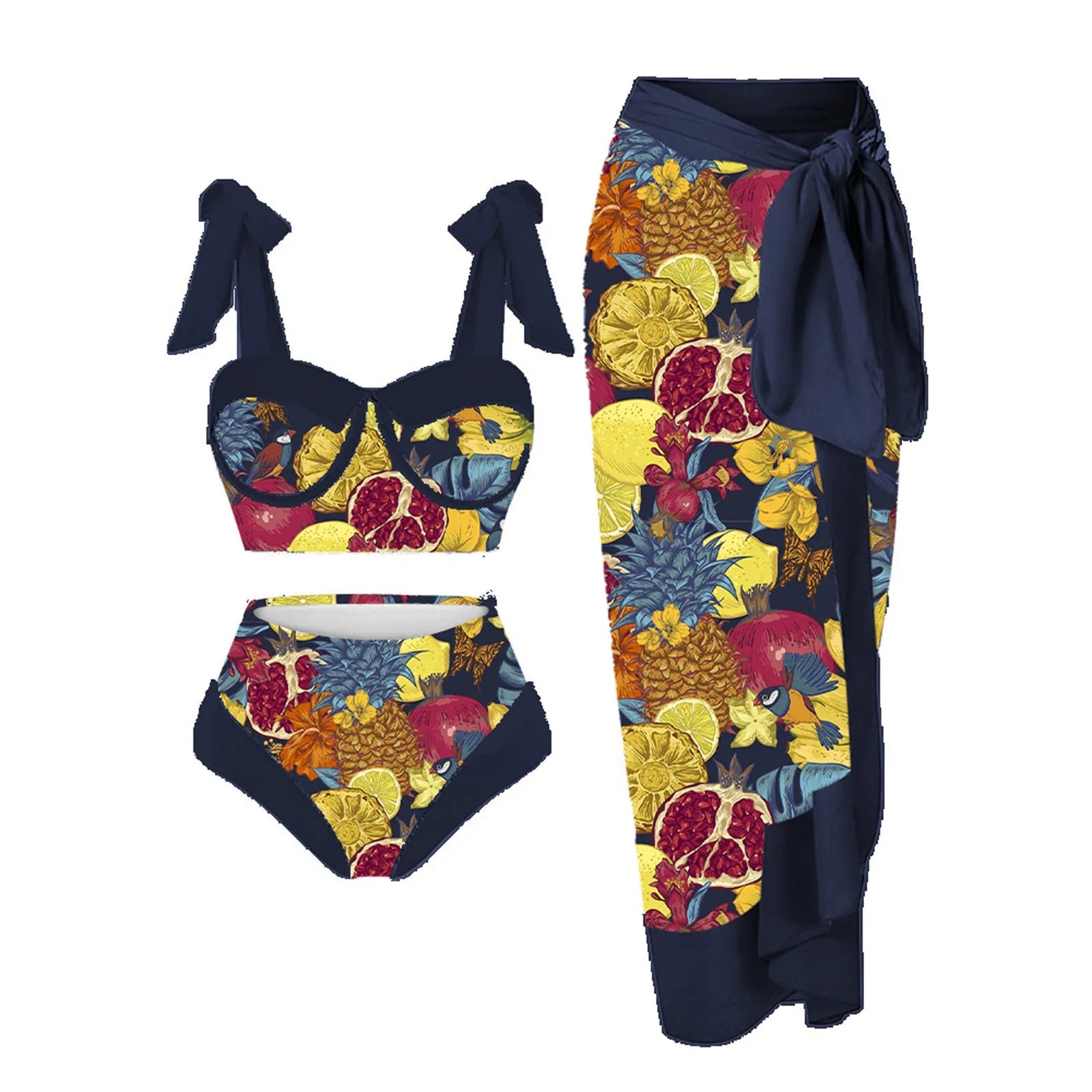 Women's pink printing split swimsuit three-piece set with skirt, bra, and panties on a mannequin.