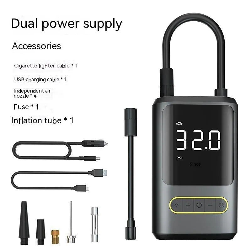 Handheld wireless digital air pump with LED display on black ABS body, showing pressure readout