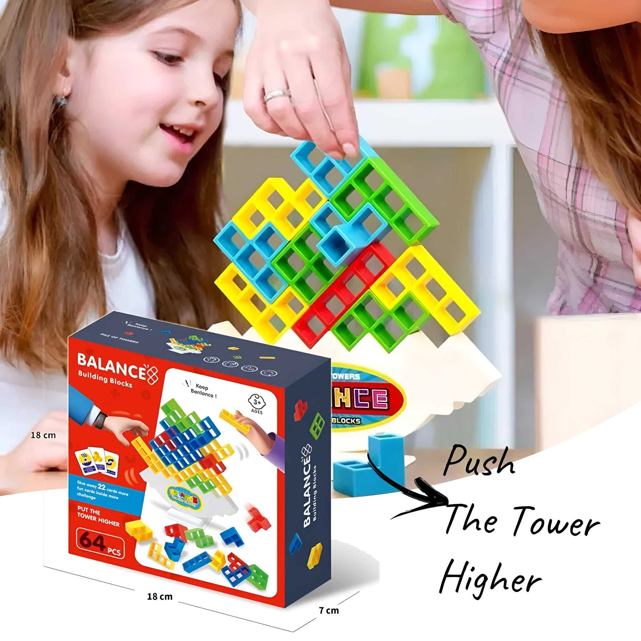 Plastic balance stacking game with 16 coloured blocks, chassis and base on table