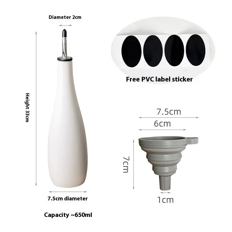 Ceramic oil pot with matching funnel in black, coffee, or white colour, 650ml capacity