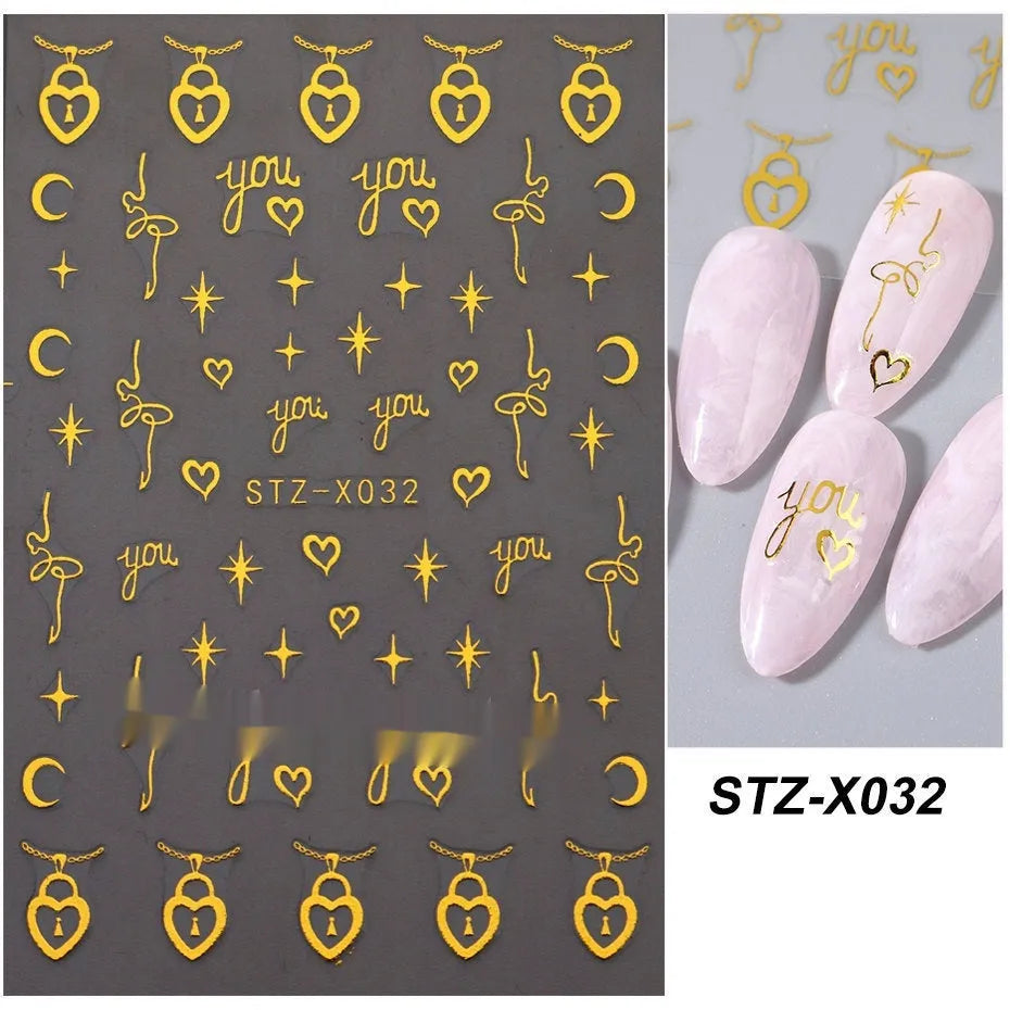 Close-up of a cartoon-style nail sticker with black and silver strips and a love pattern design on a fingernail.