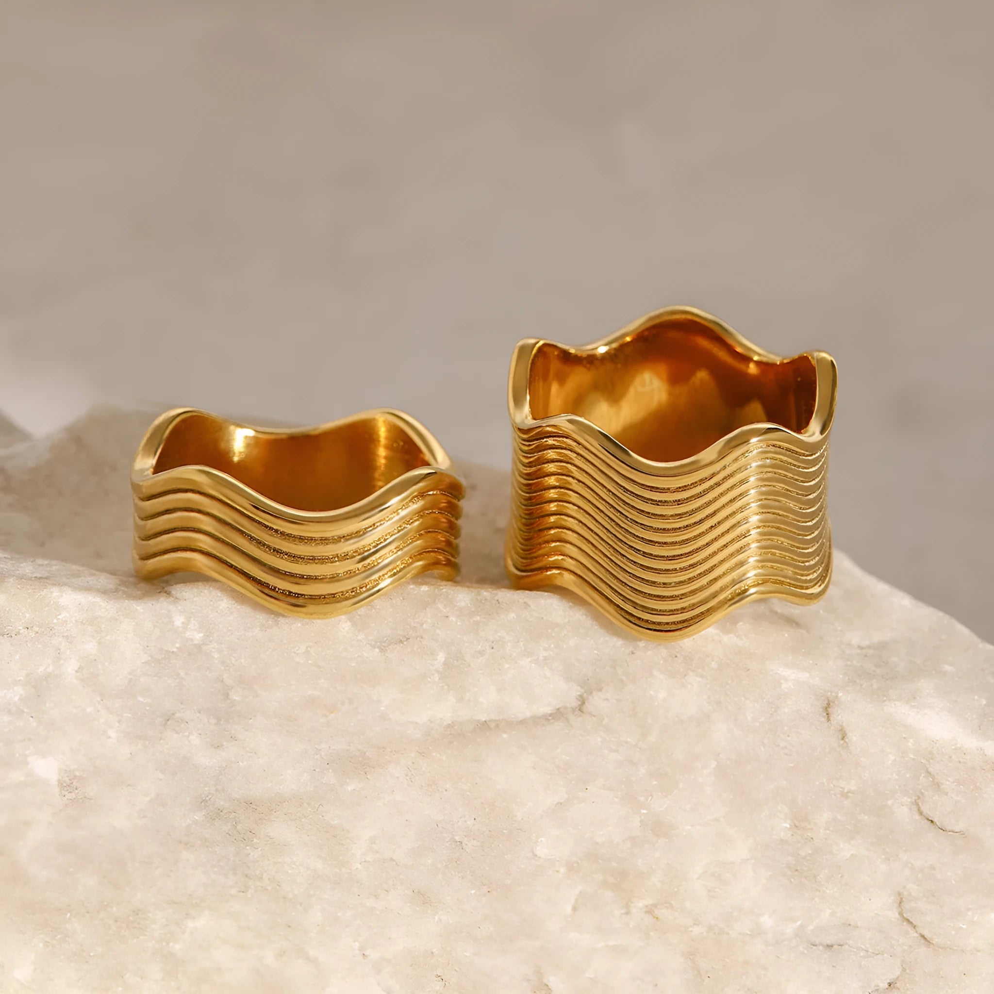 Stainless steel wide band ring with geometric wave pattern design