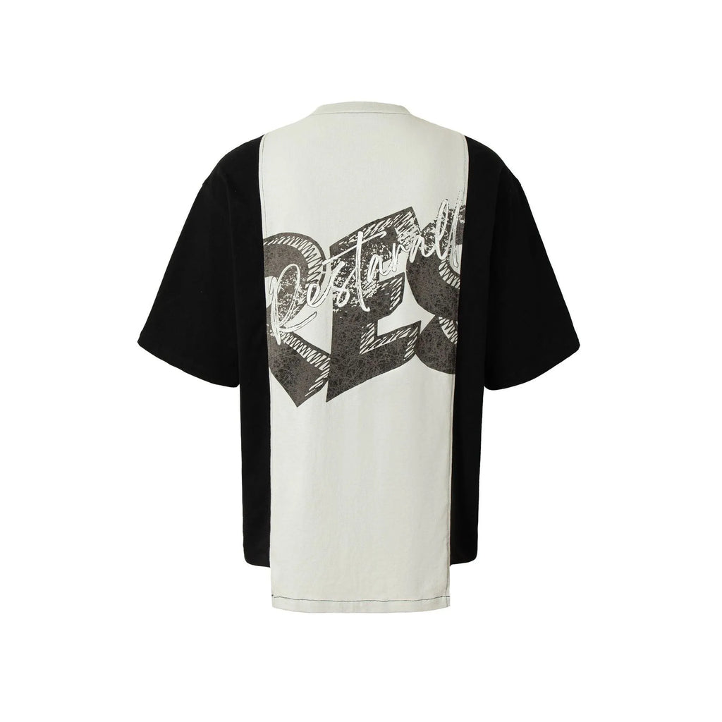 Men's black and white broken collage print t-shirt with loose fit and short sleeves