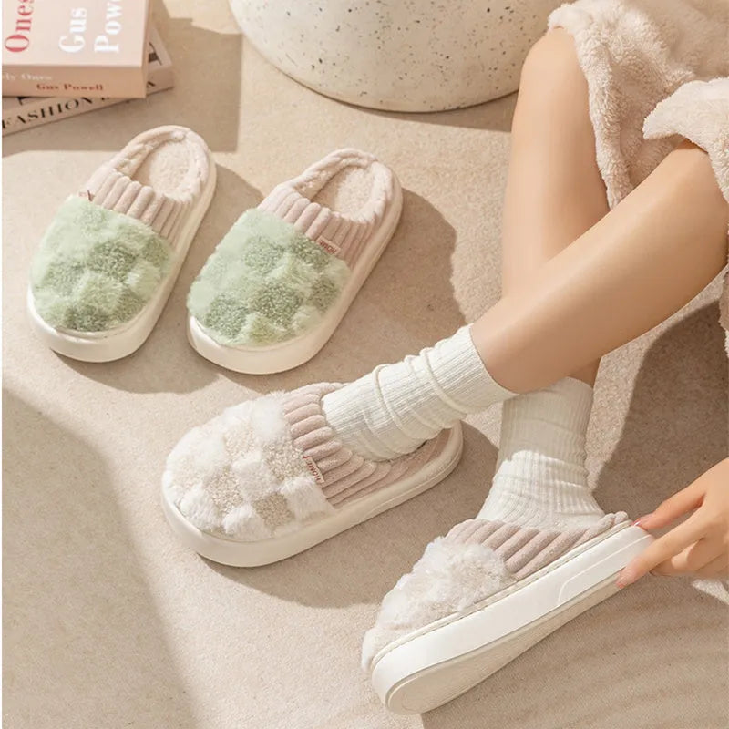Women's plaid patterned plush slippers with polar fleece upper and non-slip PVC sole in coffee colour