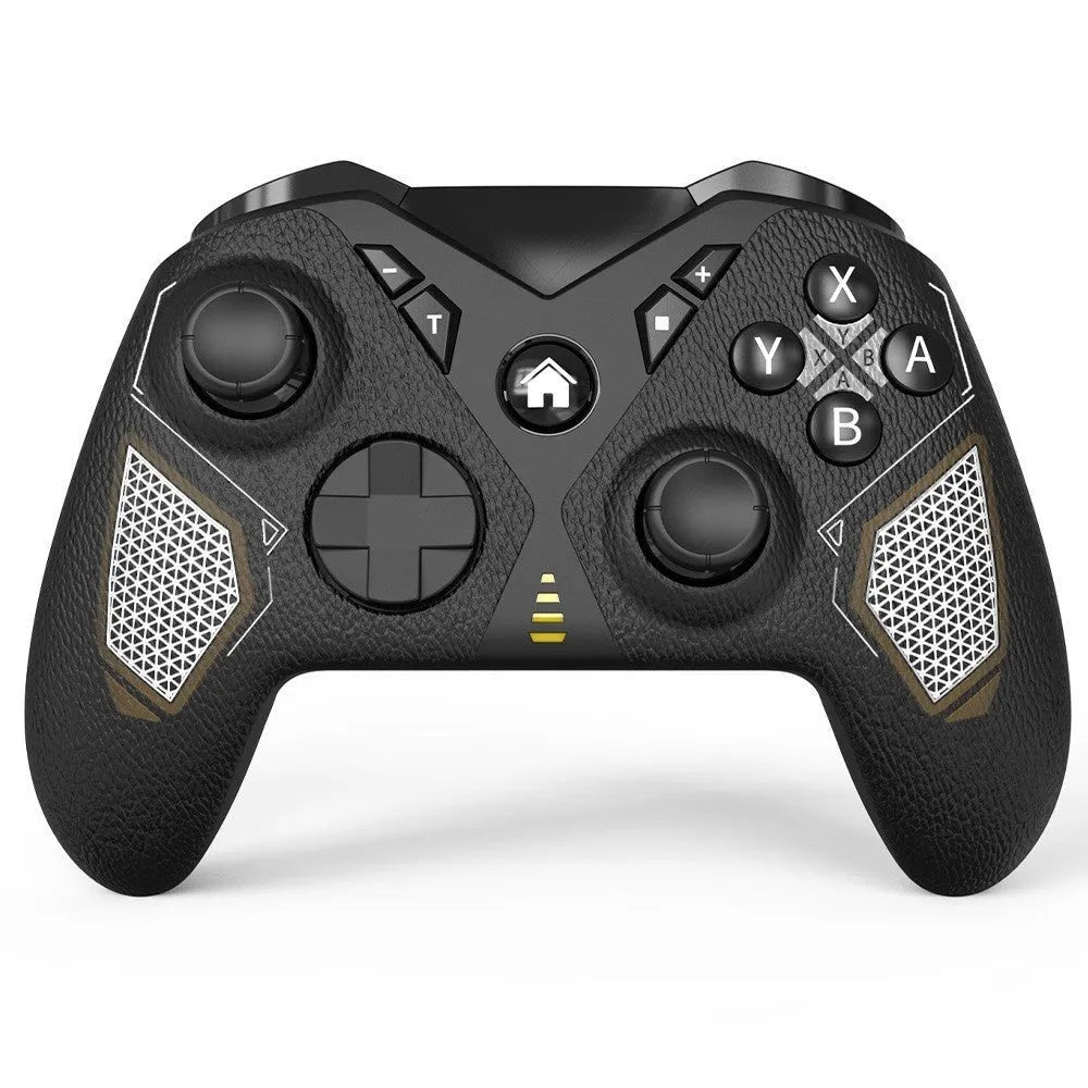Black wireless game controller with leather pattern grip for Nintendo Switch and mobile devices.