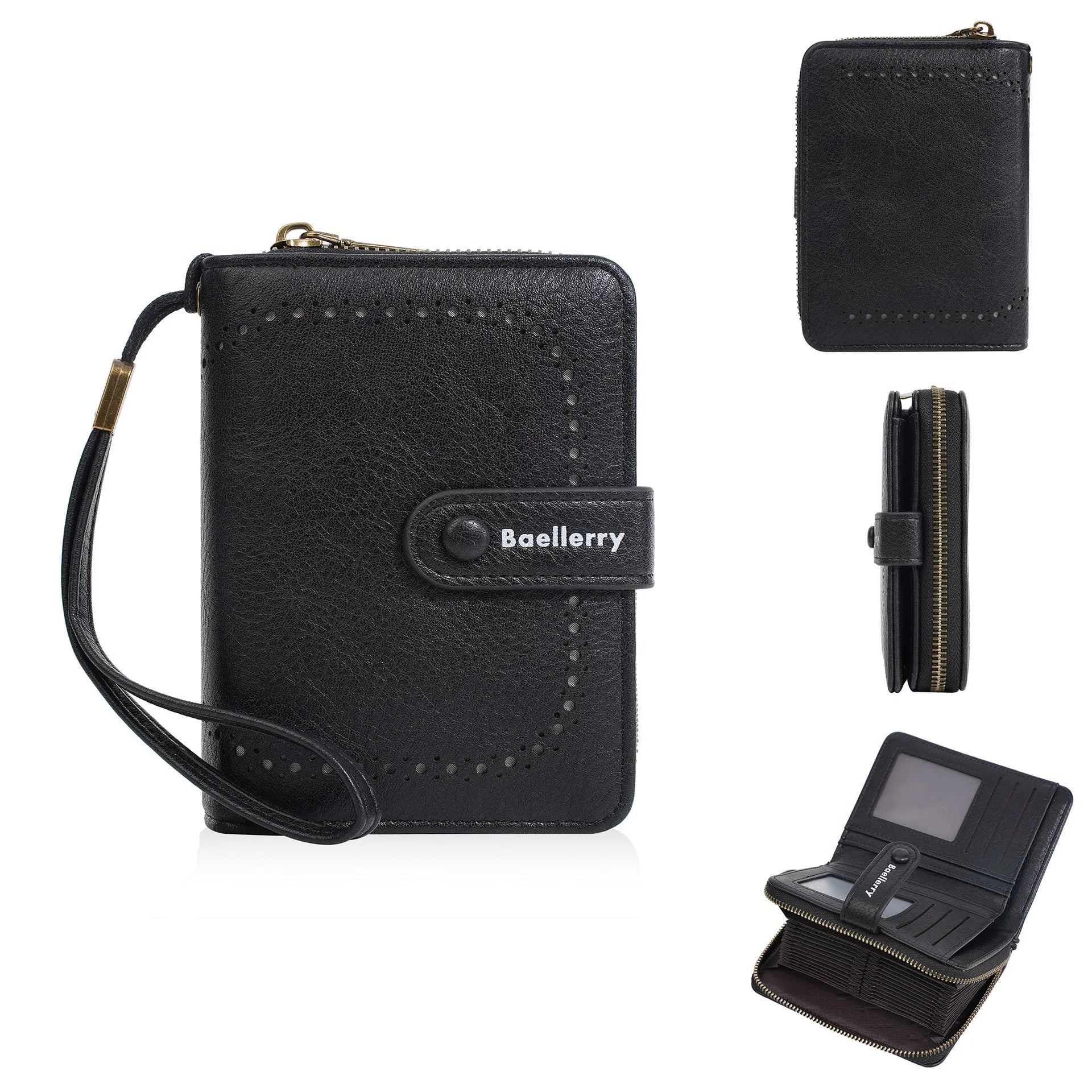 Women's black PU zipper coin purse showing integrated card slots and compact design