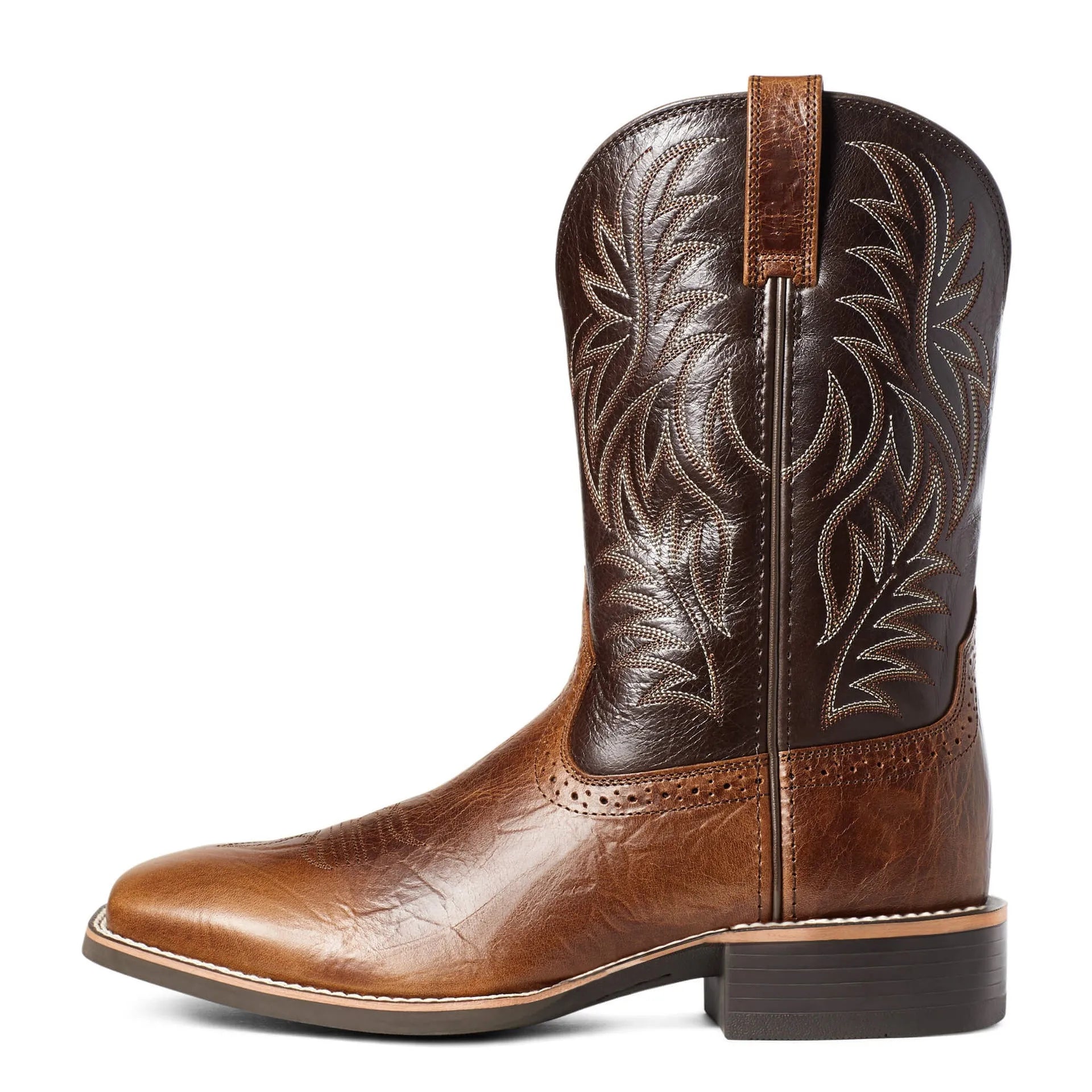 Men's black embroidered cowboy boots with square toe and horseshoe heel on a plain background.