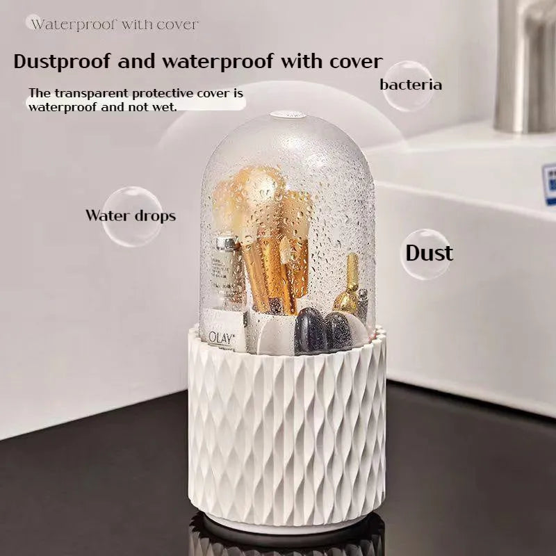 White acrylic makeup brush storage box with transparent design and rotating base