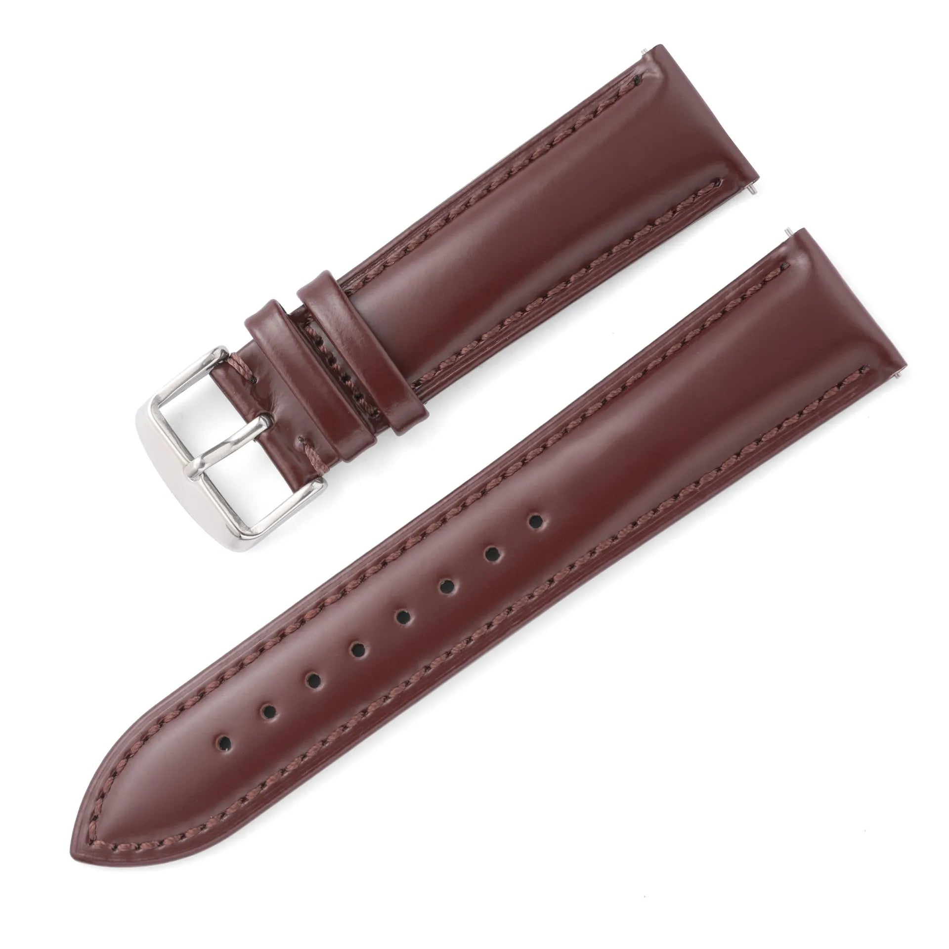 Quick-release cowhide leather watch strap in black with white accent line, showing the spring bar mechanism.
