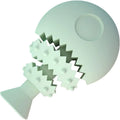 Blue fish bone shaped silicone dog chew toy with a treat hole, shown next to a green and pink version.
