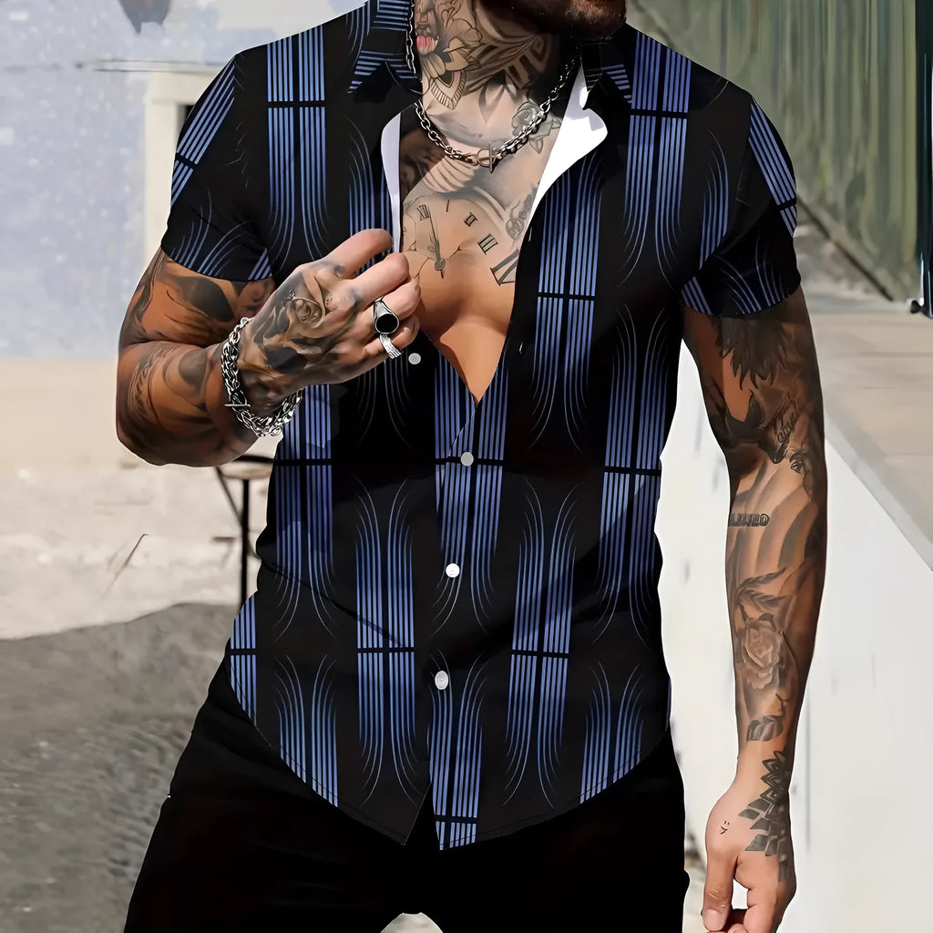 Men's slim fit short sleeve shirt with geometric line printing on lapel in polyester fabric