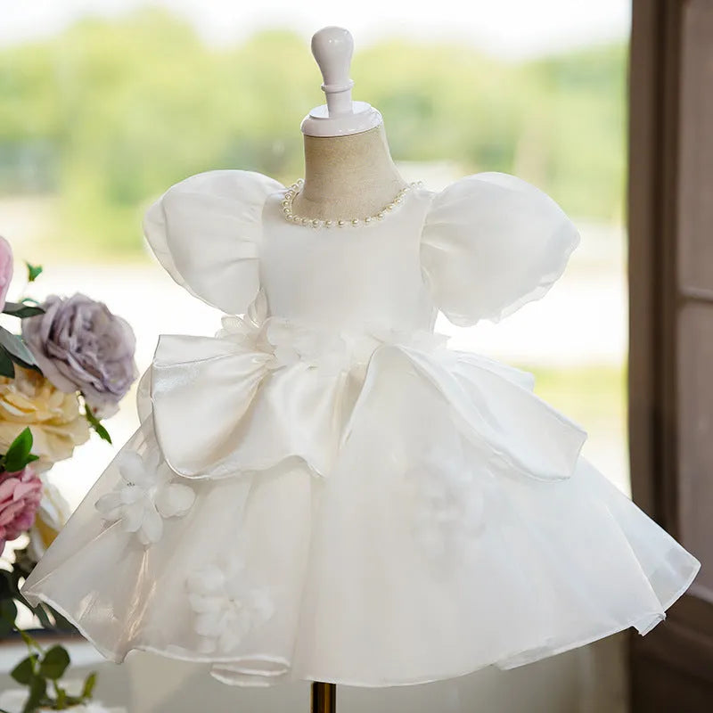 White polyester princess style girls piano performance dress suitable for height 80cm to 130cm