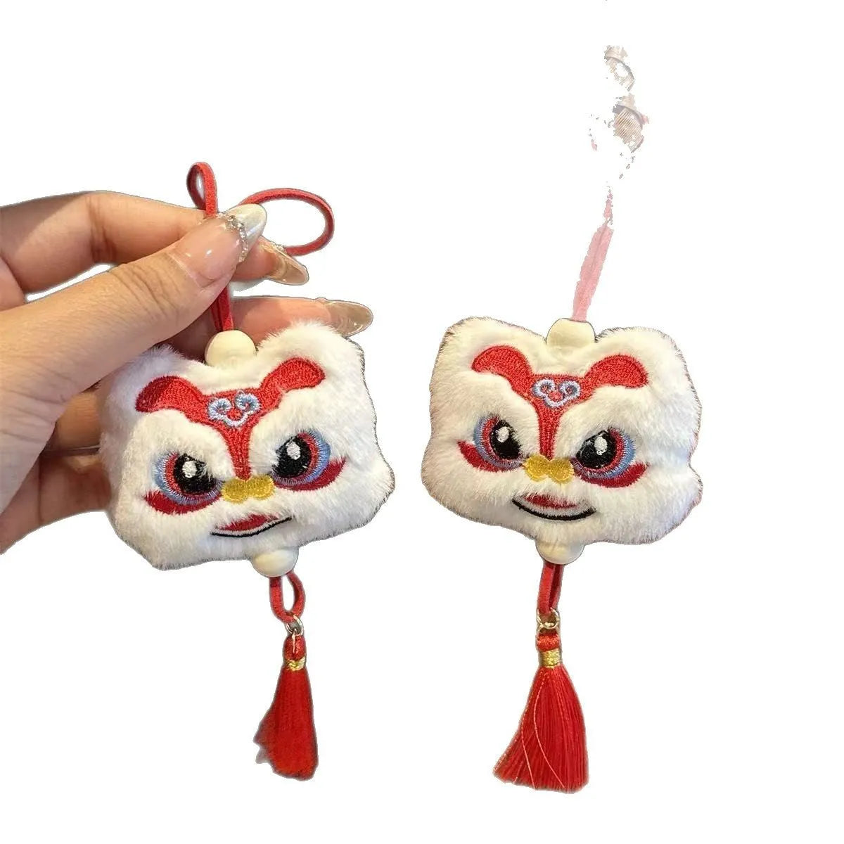 Handmade blue Chinese style plush lion keychain ornament with star stone decoration and tassel