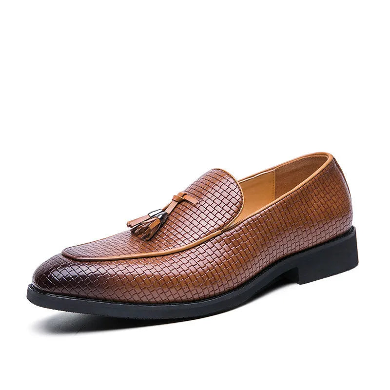 Men's black pointed toe slip on shoes with tassel detail on artificial PU upper
