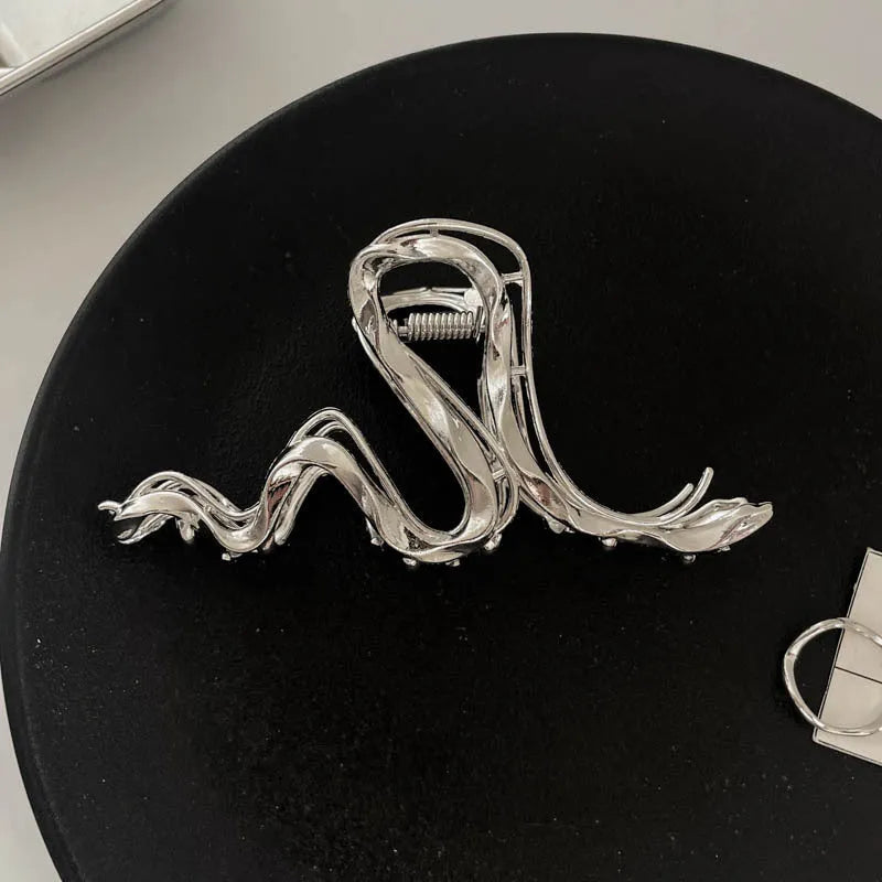 Silver metal hair barrette claw clip with electroplated finish and decorative design