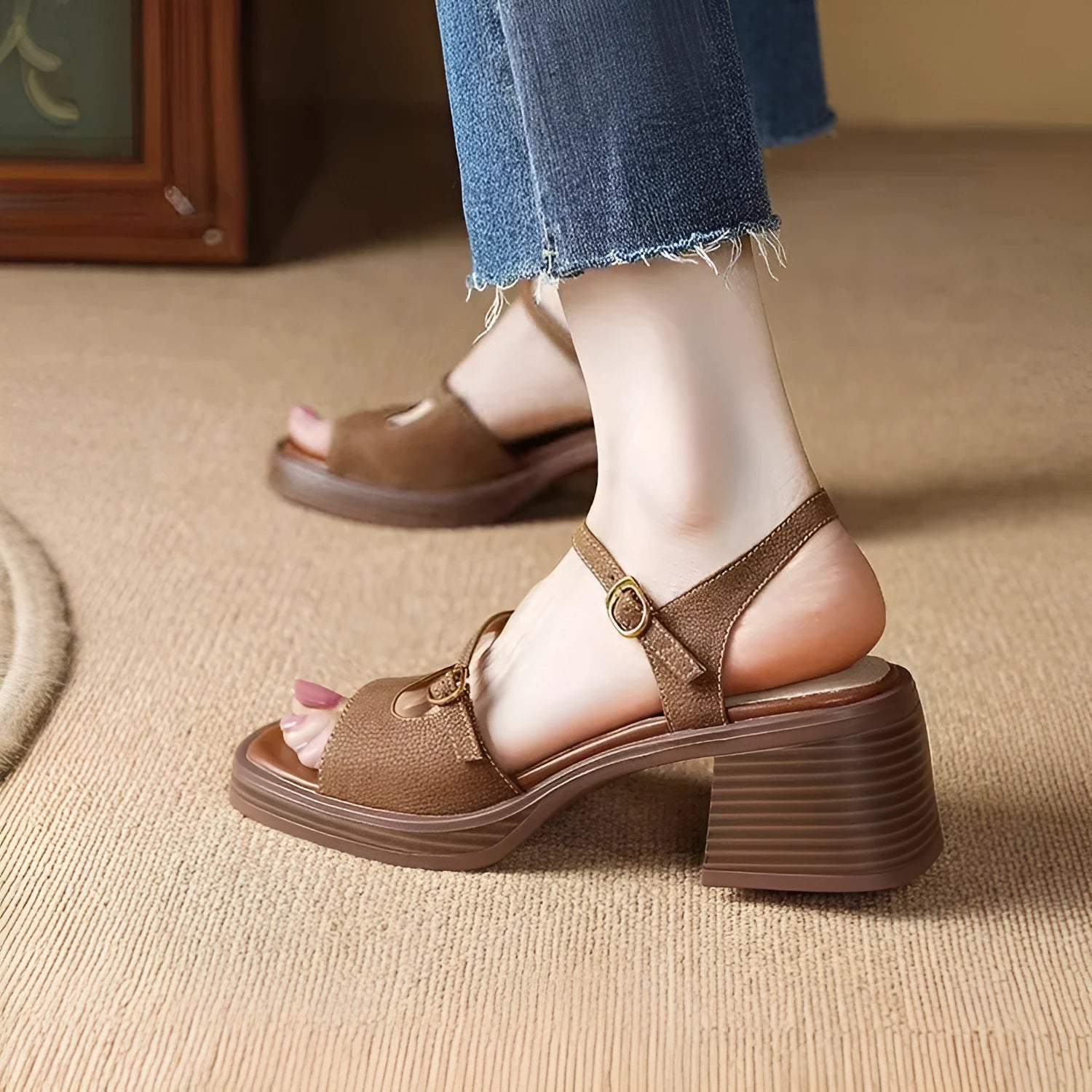Women's retro platform sandals with open square toe design in brown colour