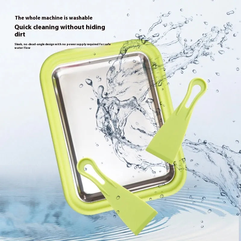 Green handheld fried yogurt machine with 22.5x17.5 cm dimensions and aluminum gasket