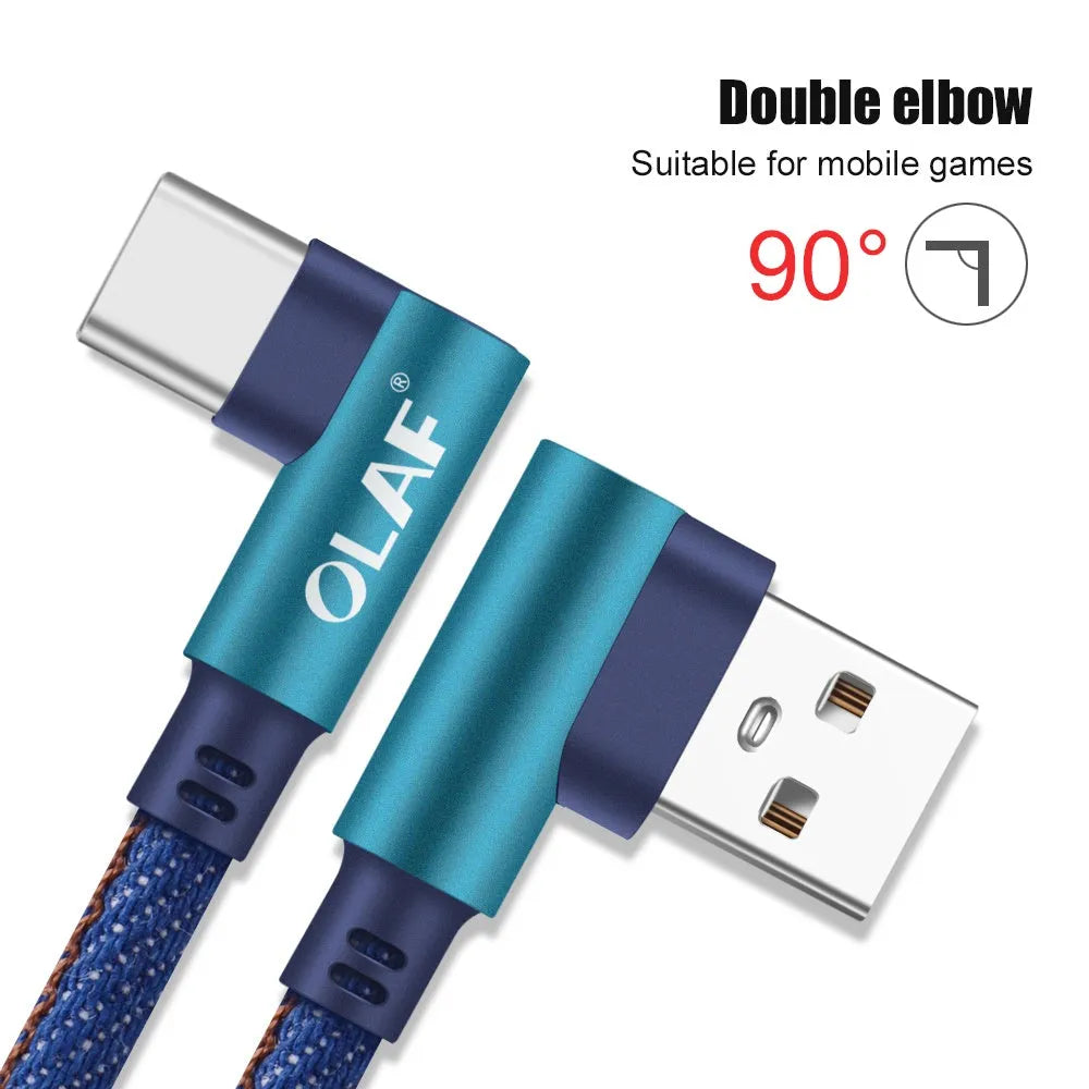 Denim fabric USB fast charging cable with aluminium connectors in black, blue, or red colours
