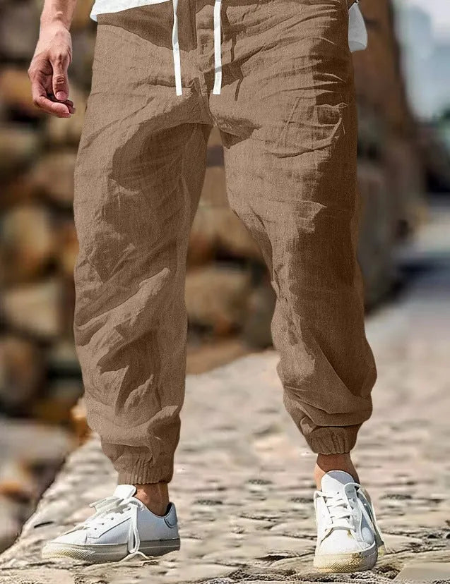 Men's straight-leg cotton summer trousers with elastic waistband in multiple colour options