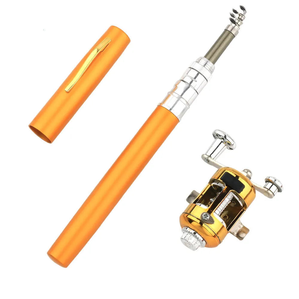 Portable telescopic pen fishing rod kit collapsed to 20.5cm next to its ST5RL fishing reel.