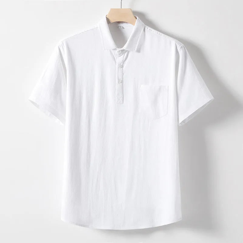 Men's loose fit linen T-shirt with a lapel collar in optic linen colour.