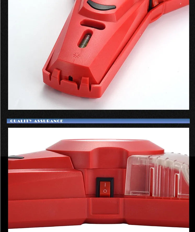 Red portable infrared laser level with integrated punching tip for woodworking.