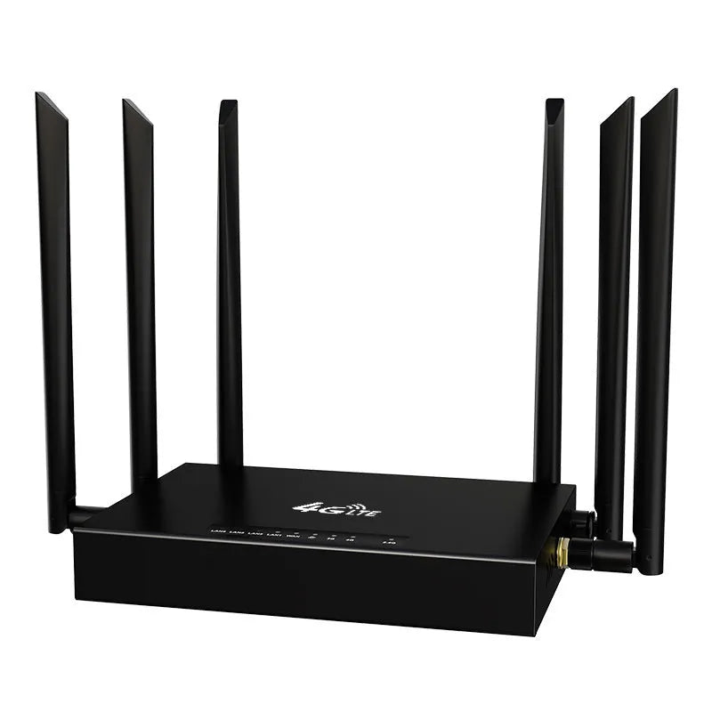 Industrial iron box 4G router with DC power port and optional sucker antennas on a grey background.
