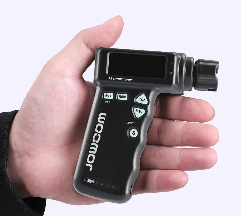 Black and white multi-functional smart guitar tuner with LCD display and string winder