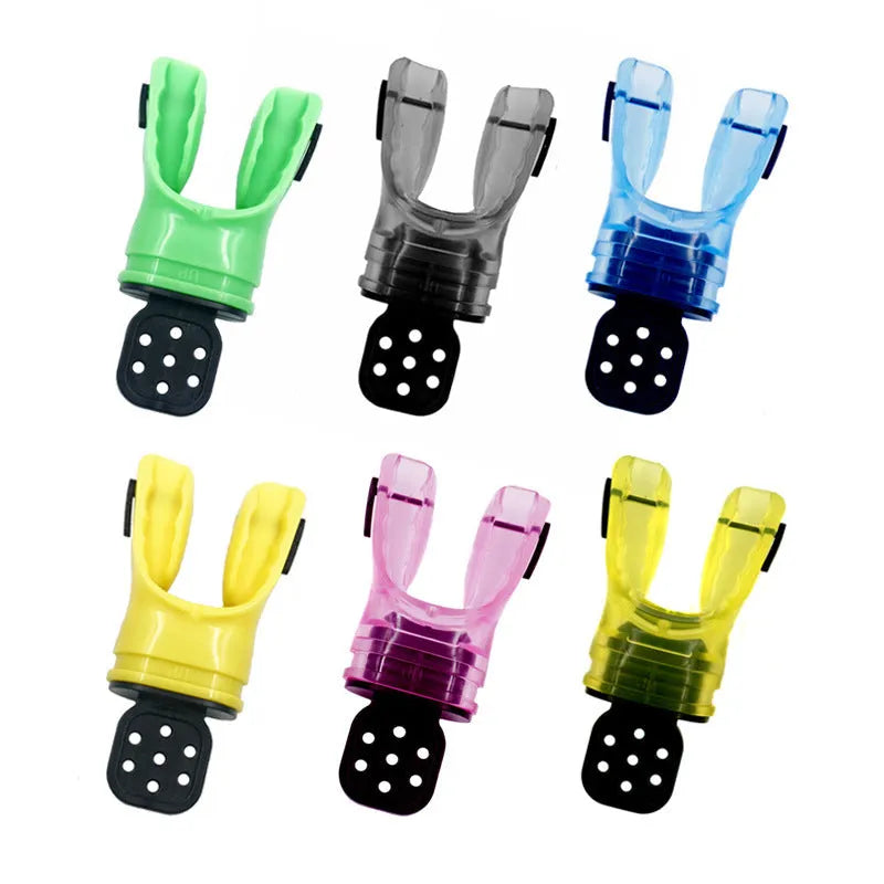 Plastic free edible silicone diving mouthpiece in multiple colours showing 110mm length.