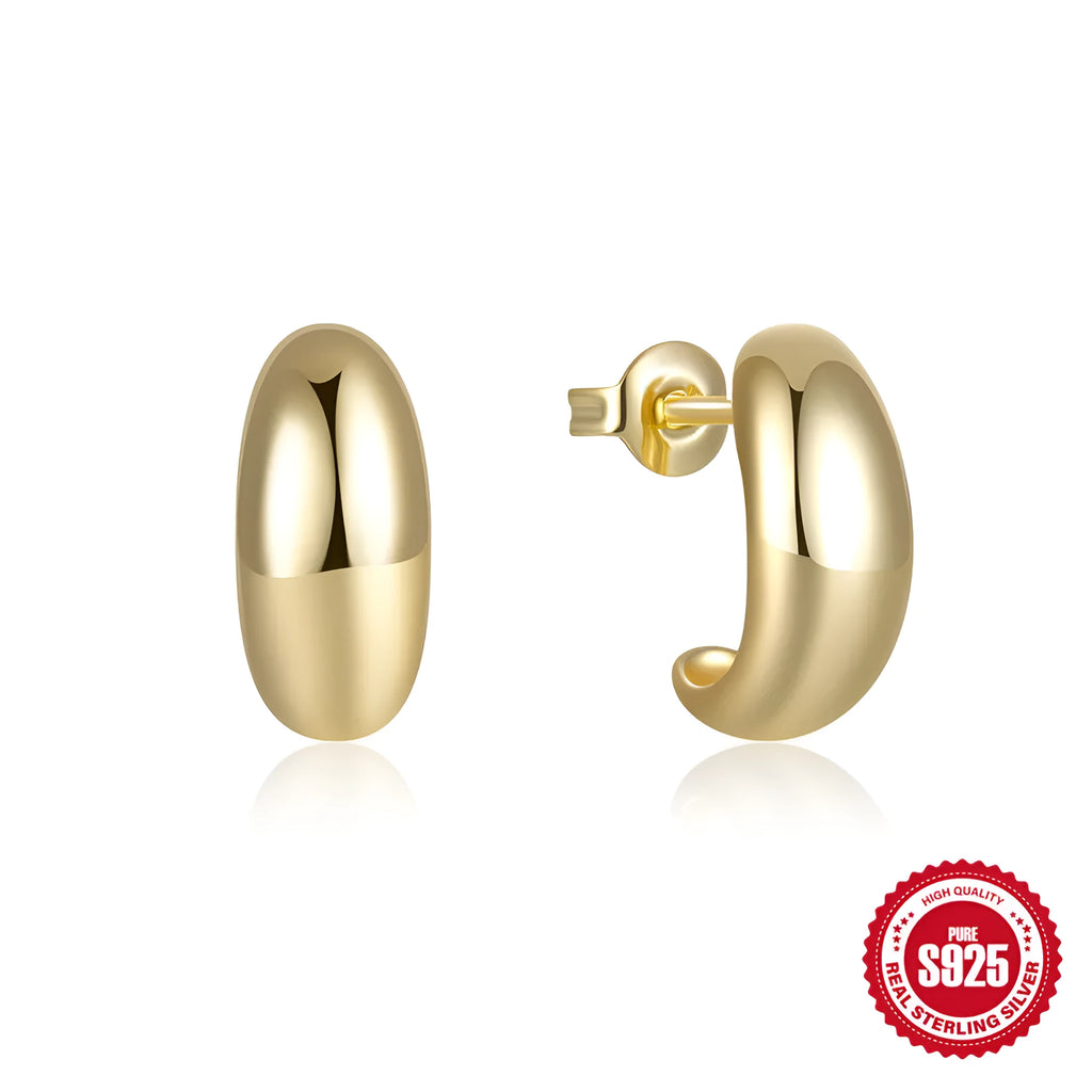 S925 sterling silver C-shaped ringstud earring with glossy electroplated finish in gold or white gold.