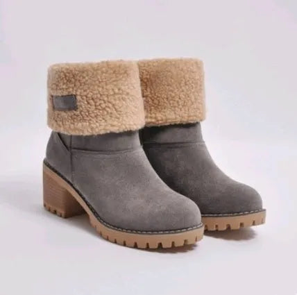 Women's mid-calf suede snow boots with a thick low heel and round toe in grey.