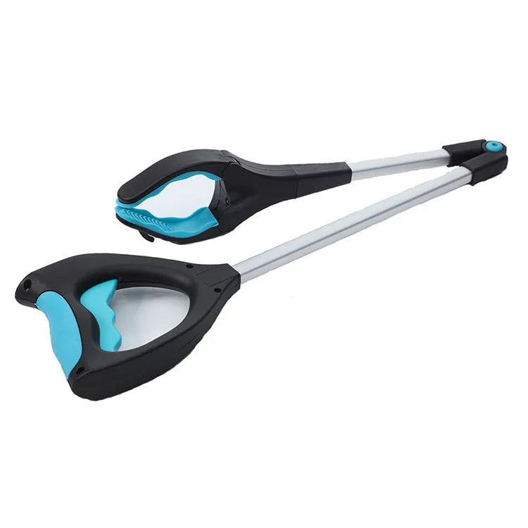 Blue foldable portable pickup tool with aluminium shaft extended, showing its 83.5cm length.