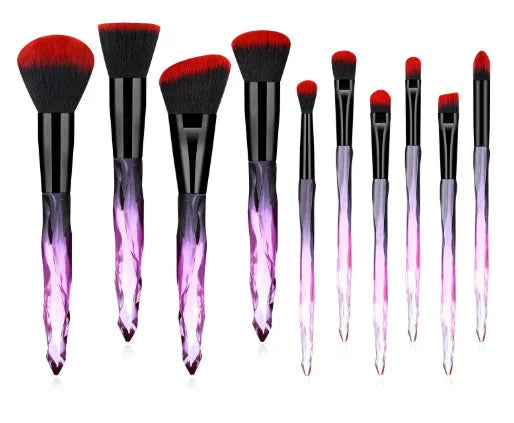 Set of 10 crystal handle foundation brushes with artificial fibre bristles in four colour options