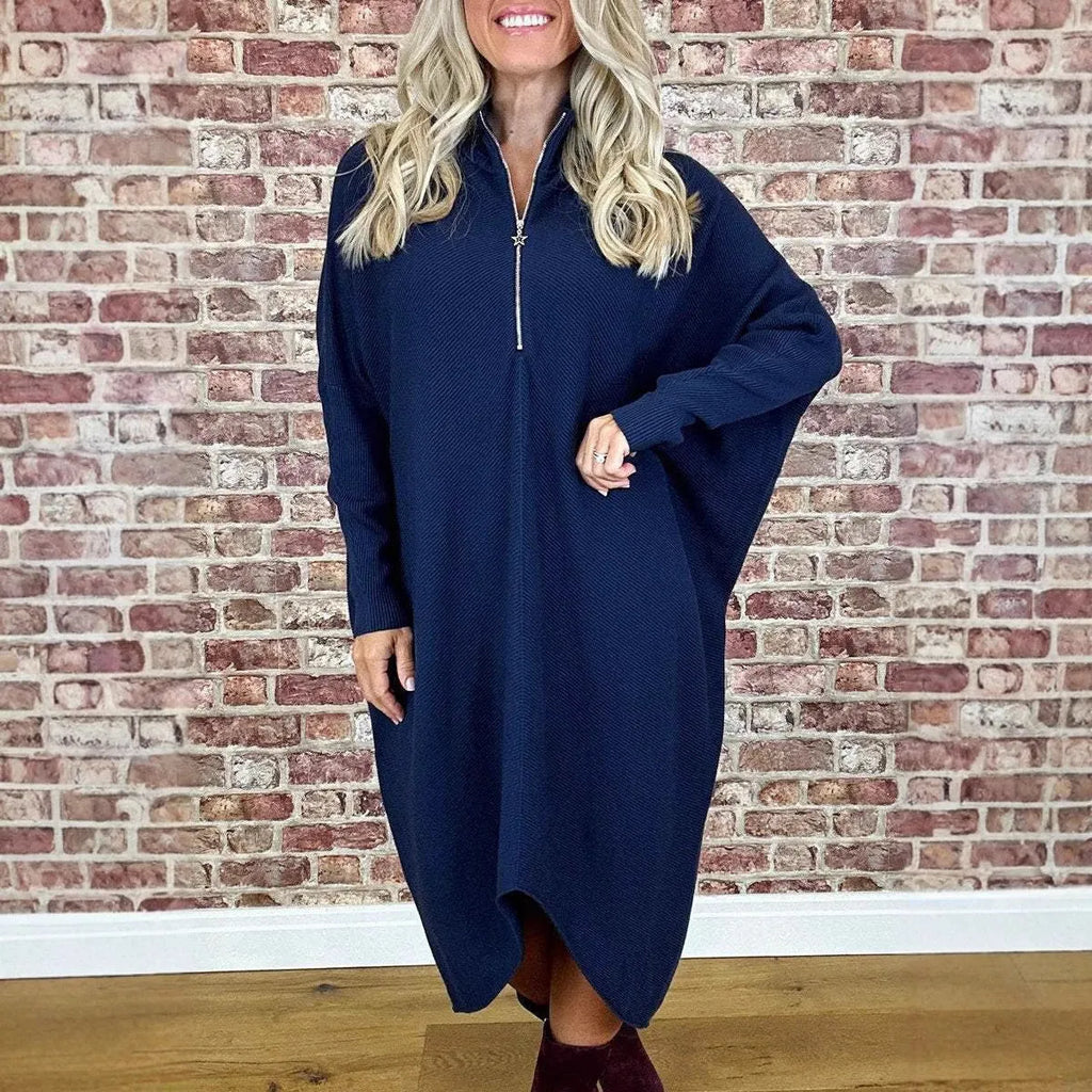 Women's solid colour knitted loose dress with front zipper and raglan sleeves