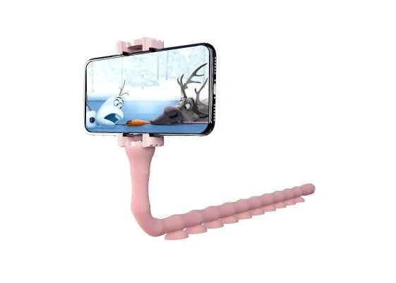 Black flexible worm arm phone holder with suction cup attached to a bicycle handlebar