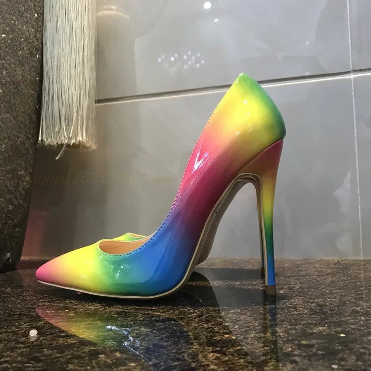 Women's rainbow patent leather high heels with pointed toe and ultra-high thin heel