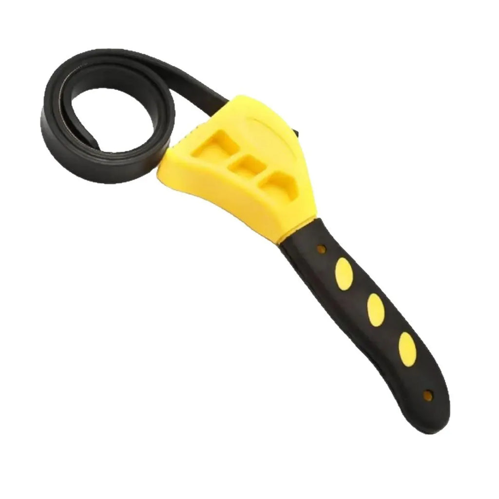 A 6-inch and an 8-inch adjustable rubber strap wrench with a phosphated metal handle.