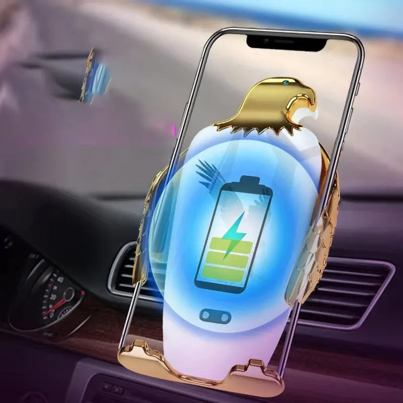 Wireless charging car phone holder with eagle design and suction cup mount