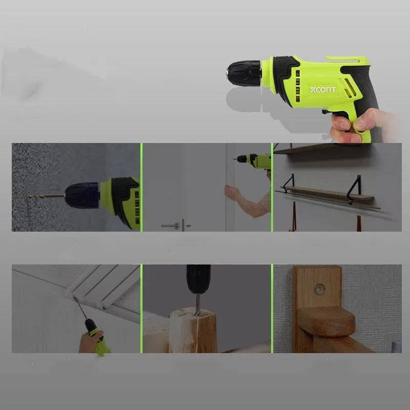 Pistol-grip electric drill with 450W power rating and 10mm chuck on a workbench.