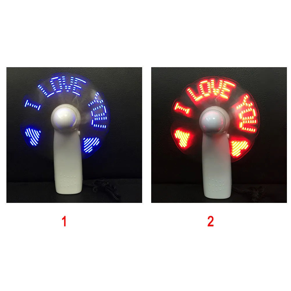 White handheld mini fan with flashing LED I Love You pattern in blue and red colours