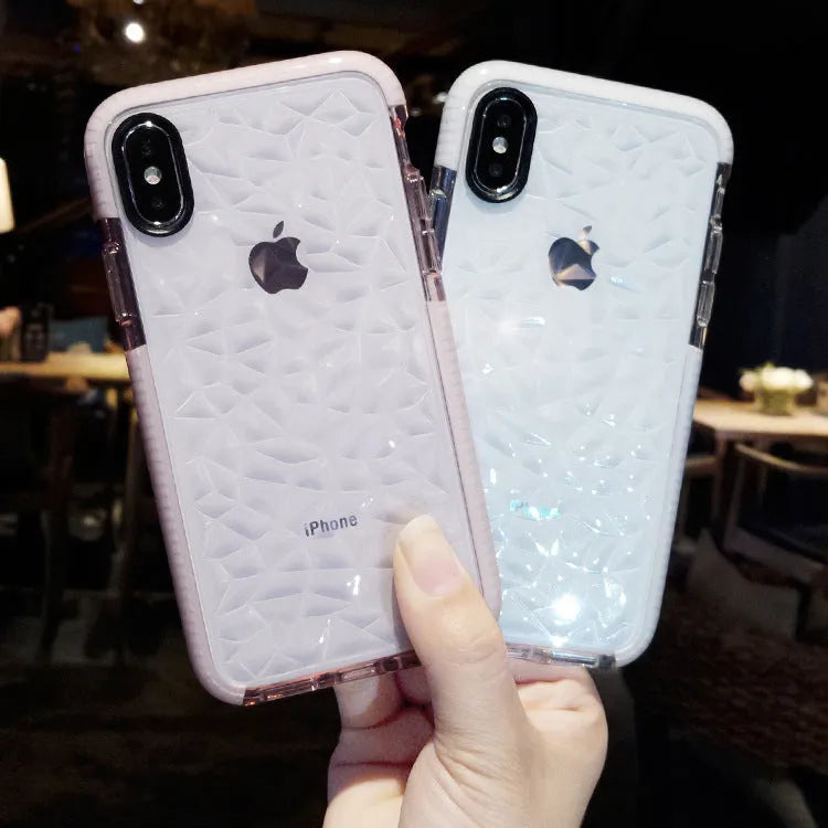 TPU iPhone back cover case with striped pattern shown in pink with white edge colour.