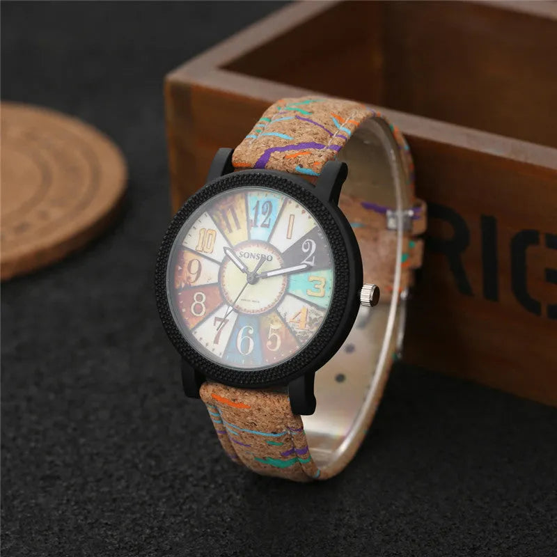 Women's vintage leather quartz wrist watch with 37mm round dial and stainless steel buckle