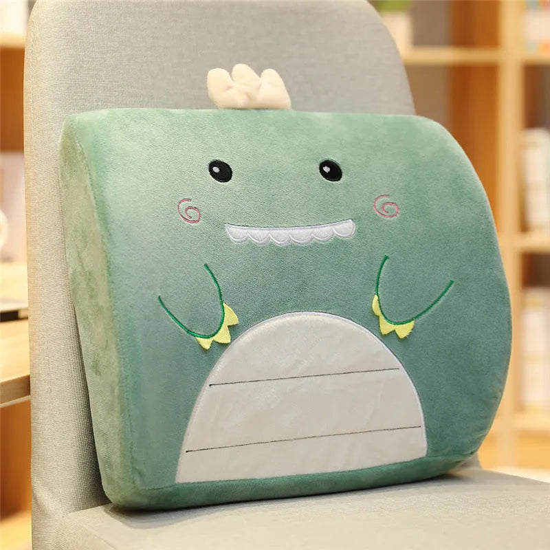 Cartoon-themed car seat cushion with memory foam core and removable cover in various designs like Pink Unicorn and Gray Cat.