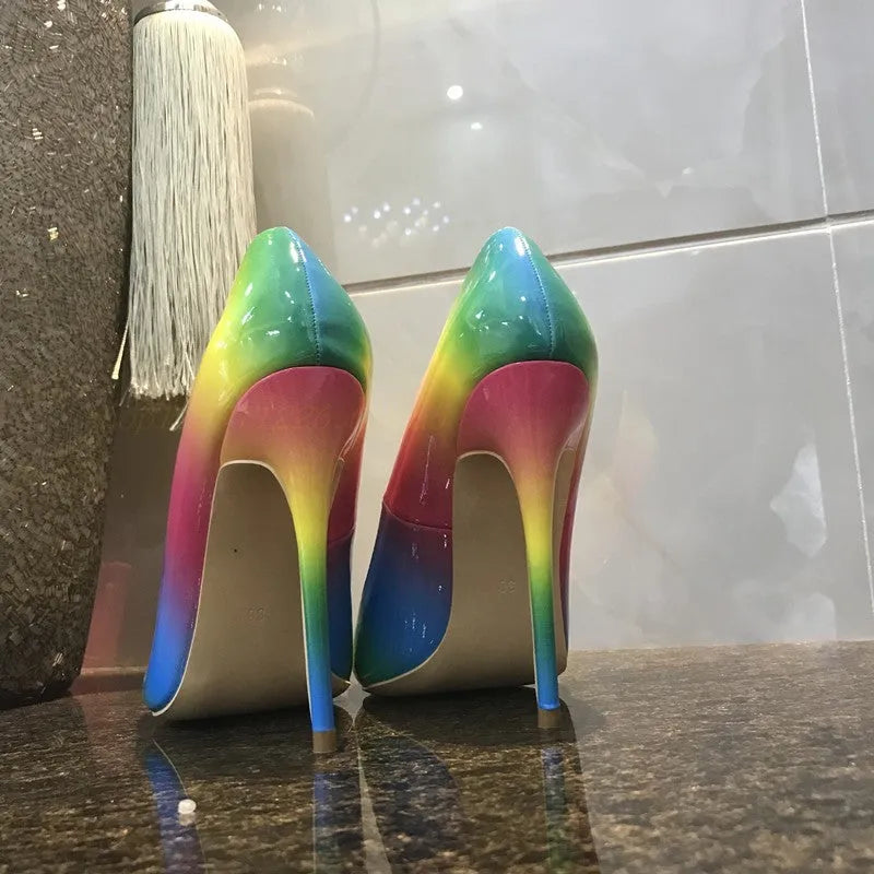 Women's rainbow patent leather high heels with pointed toe and ultra-high thin heel
