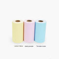 Three rolls of 57mm thermal paper in pink, yellow and blue colours