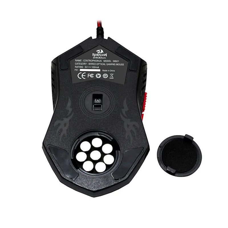 Black and red USB wired gaming mouse with six buttons and adjustable DPI settings on a desktop.