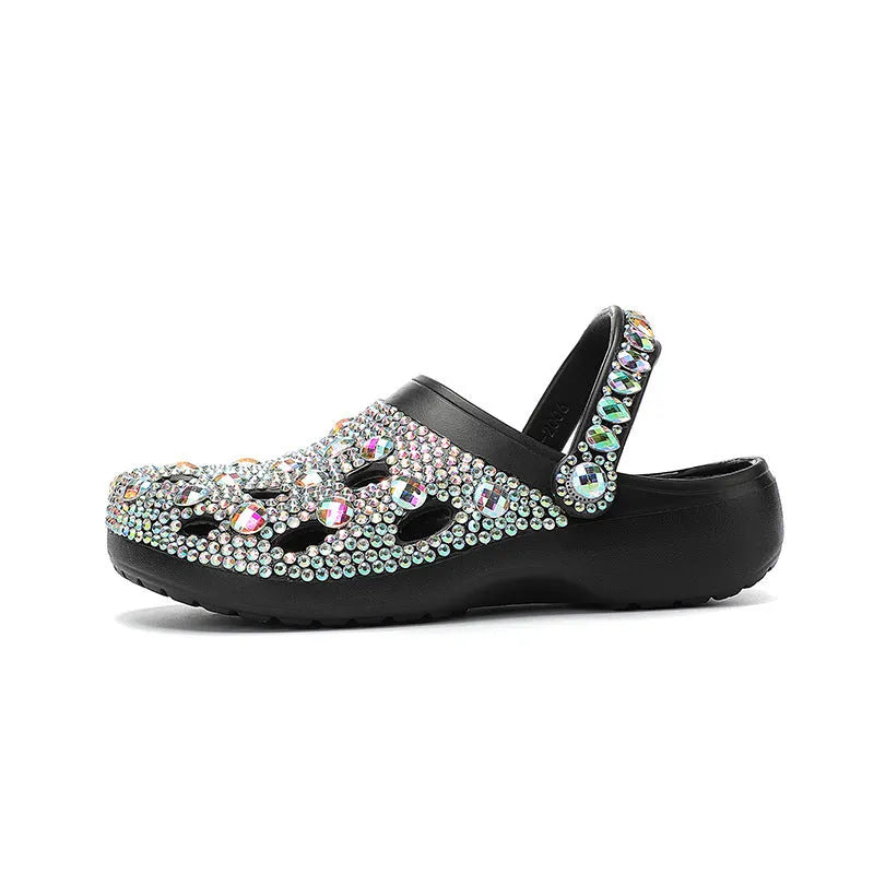 Black women's platform sandals with rhinestone detailing and perforated EVA upper