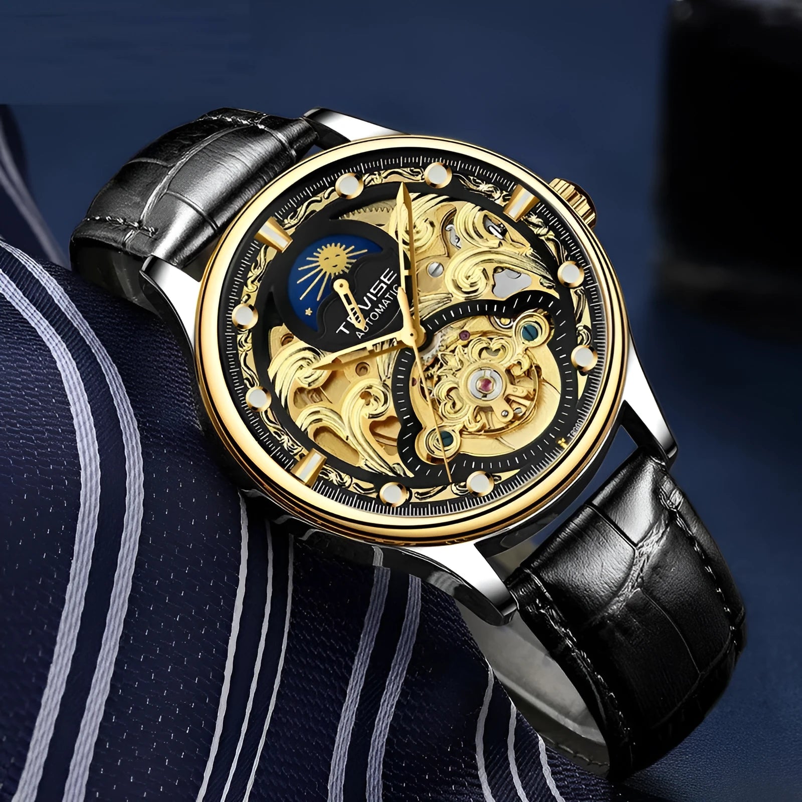 Gold and white leather strap automatic waterproof men's business watch