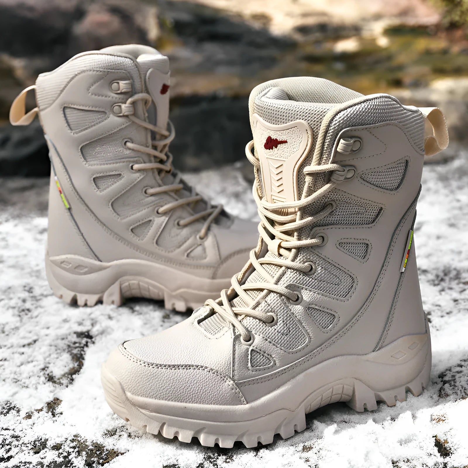 Men's beige cowhide leather hi-top hiking shoes with a platform sole, on a neutral background.