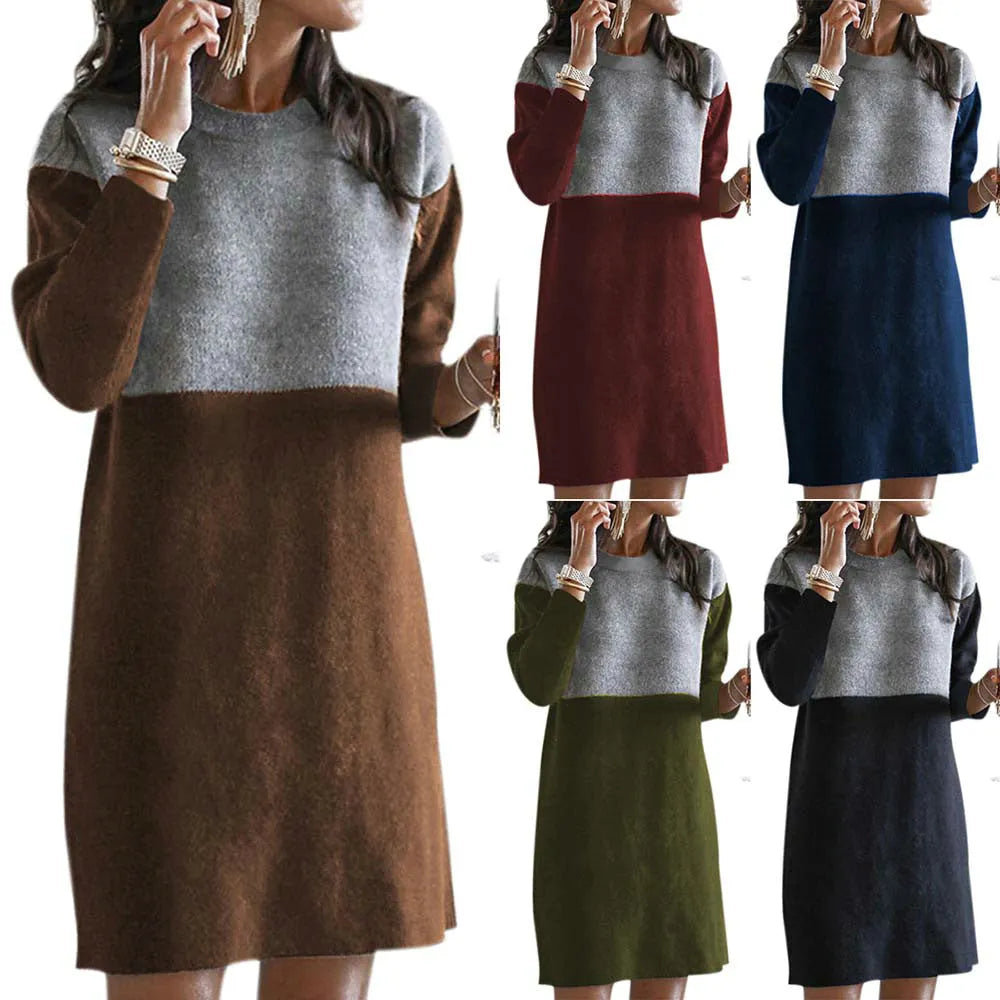 Brown women's loose-fitting patchwork skirt dress with long sleeves and round neckline